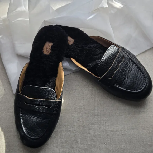UGG SHAINE WOMEN SLIPPERS LEATHER BLACK US 7.5 - Picture 2 of 9
